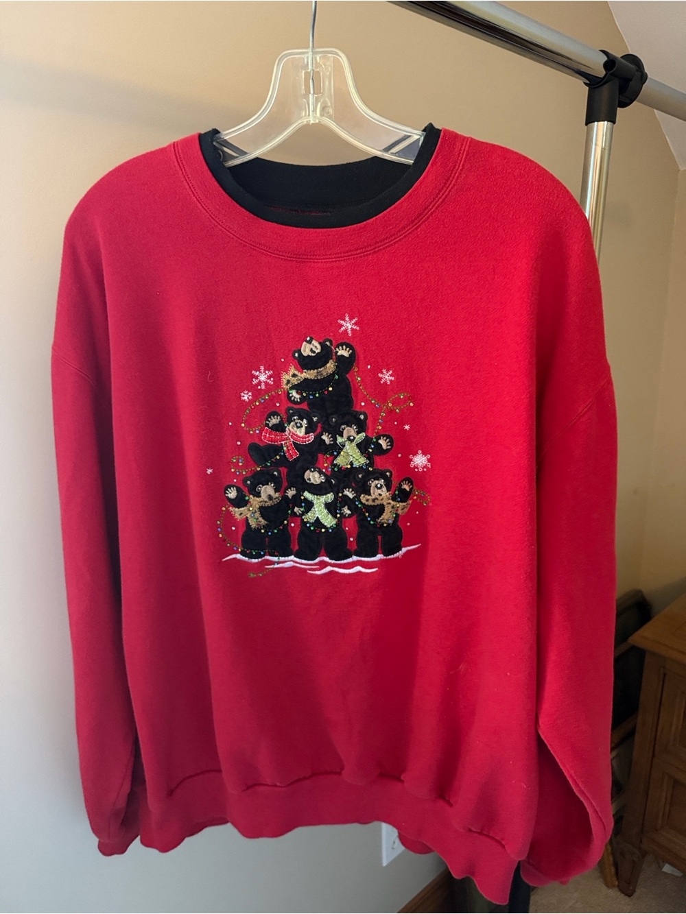 Red Women's Crew Sweatshirt with Embroidered Bear Tree